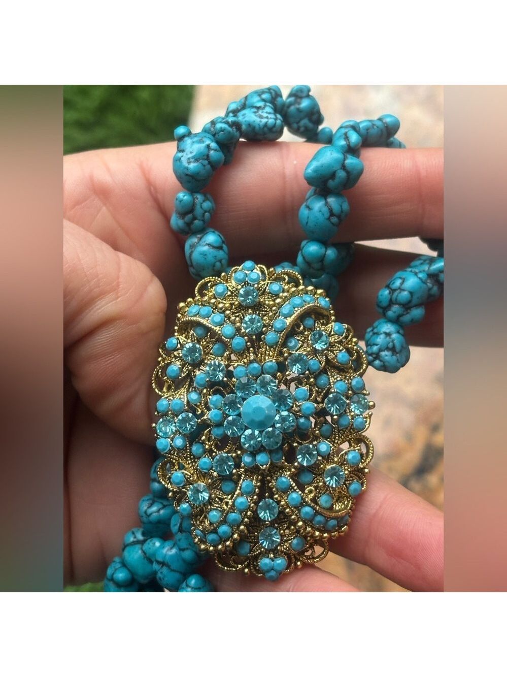 💙 RARE 1928 Designer Turquoise Blue Stone Statement Necklace • Crystal Medallion - Picture 10 of 14